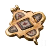 Golden cross-shaped pendant with enamel inlays, Black Sea region under Byzantine influence, 12th century.