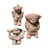 Three Pre-Columbian figural-shaped clay rattles, circa 300 - 1500 AD