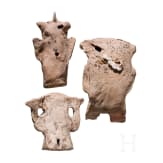 Three Pre-Columbian figural-shaped clay rattles, circa 300 - 1500 AD