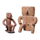 Two pre-Colombian sitting clay figures, Qimbaya culture, probably 1000 - 1500 A.D.