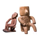 Two pre-Colombian sitting clay figures, Qimbaya culture, probably 1000 - 1500 A.D.