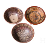 Three pre-Colombian painted clay bowls, two from Ecuador, probably 800 - 1500 A.D., and one probably from Guatemala, Maya, 550 - 950 A.D.