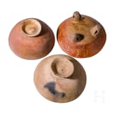 Three pre-Colombian painted clay bowls, two from Ecuador, probably 800 - 1500 A.D., and one probably from Guatemala, Maya, 550 - 950 A.D.