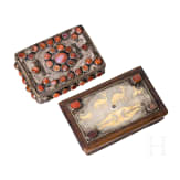 A Turkmen carnelian-set lidded box and scale in wooden box, circa 1900