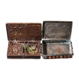 A Turkmen carnelian-set lidded box and scale in wooden box, circa 1900