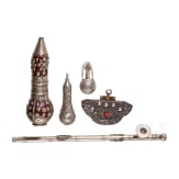 Two silver/silver-mounted lime pots, a silver-mounted leather bag, a plated opium pipe and a plated flask, Indian/Tibetan, circa 1900