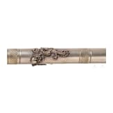 Two silver/silver-mounted lime pots, a silver-mounted leather bag, a plated opium pipe and a plated flask, Indian/Tibetan, circa 1900