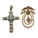 An 18ct gold cross pendant with diamonds (circa 0.56ct) and a gilt brooch with eagle