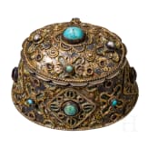 A small silver-gilt lidded box with enamel and turquoises, 19th century