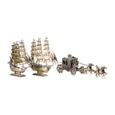 Two miniature silver ships and a four-horse carriage, Netherlands, 1985/86