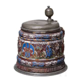 A pewter-mounted Creussen salt-glazed and polychrome enamelled stoneware tankard (Apostelkrug), 17th century