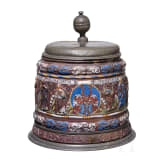 A pewter-mounted Creussen salt-glazed and polychrome enamelled stoneware tankard (Apostelkrug), 17th century