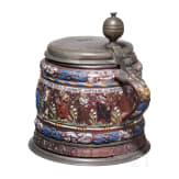 A pewter-mounted Creussen salt-glazed and polychrome enamelled stoneware tankard (Apostelkrug), 17th century