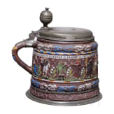 A pewter-mounted Creussen salt-glazed and polychrome enamelled stoneware tankard (Apostelkrug), 17th century