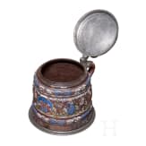 A pewter-mounted Creussen salt-glazed and polychrome enamelled stoneware tankard (Apostelkrug), 17th century