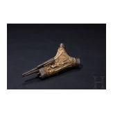 A fine South German carved staghorn powderflask with etched mountings, dated 1597
