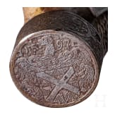 A fine South German carved staghorn powderflask with etched mountings, dated 1597