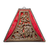 A German gilt brass mount of a musketeer's powder flask, circa 1600