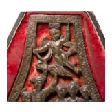A German gilt brass mount of a musketeer's powder flask, circa 1600