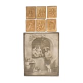 A large biscuit porcelain plaque and six small plaques with erotic scenes
