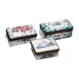 Two French silver/copper-mounted enamel and one porcelain tobacco box, late 18th century