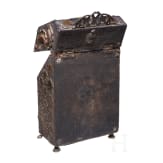 A copper and coin-mounted leather cutlery casket