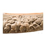 A large, finely carved German ivory olifant with portraits of the French kings Fran&ccedil;ois I and Henri II and a hunting scene, mid-19th century