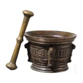 A Spanish bronze mortar with text band, 16th century