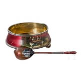 A Russian silver and red lacquer sugar bowl and spoon, St. Petersburg, 1908-17