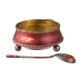 A Russian silver and red lacquer sugar bowl and spoon, St. Petersburg, 1908-17