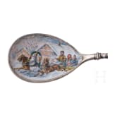 A pair of Russian silver sugar tongs and a tea spoon with troika, St. Petersburg. J. Olsonius for Gratchev, 1883 (sugar tongs) and circa 1900 (tea spoon)