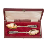 Two Russian silver-gilt and niello spoons with case, Moscow, 1835