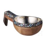 A small Russian silver and cloisonn&eacute; enamel-mounted wooden kovsh, St. Petersburg, Grigory Pankratym, 1908