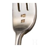 A pair of Russian silver and cloisonne enamel sugar tongs, a sugar spoon and a desert fork, Moscow, Mikhail Zorin, 1908