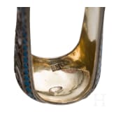 A pair of Russian silver and cloisonne enamel sugar tongs, a sugar spoon and a desert fork, Moscow, Mikhail Zorin, 1908