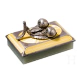 A Russian silver and guilloch&eacute;-enamel mounted nephrite paperweight with cherries, 20th century