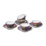 Five Soviet porcelain cups with saucers, Gardner factory (one) and Pervomayskiy porcelain factory (four), 20th century