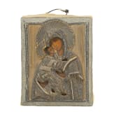 A small Russian icon showing the Vladimirskaya Mother of God with filigree oklad, 19th century