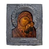 A Russian icon showing the Kazanskaya Mother of God with silver basma, 19th century (icon), Moscow, Ivan Zakharov, 1885 (basma)