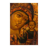 A Russian icon showing the Kazanskaya Mother of God with silver basma, 19th century (icon), Moscow, Ivan Zakharov, 1885 (basma)