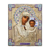A Russian icon showing the Kazanskaya Mother of God with silver-gilt okald with cloisonne-enamel appliques, late 19th century (icon), Moscow, Igor Cheryartov , 1908-1917 (oklad), enamel later
