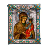 A small Russian icon showing the Mother of God with silver and cloisonne-enamel riza, enamel 20th century, Icon modern