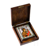 A small Russian icon showing the Mother of God with silver and cloisonne-enamel riza, enamel 20th century, Icon modern