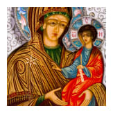 A small Russian icon showing the Mother of God with silver and cloisonne-enamel riza, enamel 20th century, Icon modern