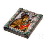 A small Russian icon showing the Mother of God with silver and cloisonne-enamel riza, enamel 20th century, Icon modern