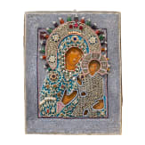 A Russian icon showing the Tikhvinskaya Mother of God with pearl oklad, circa 1800