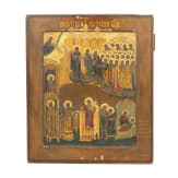 A Russian icon showing the Pokrov Mother of God with gilt oklad, 19th century