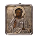 A small Russian icon showing Christ Pantokrator with silver oklad, late 19th century (icon), St. Petersburg, Gratchev, 1908-17 (oklad)