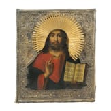 A Russian icon showing Christ Pantokrator with gilt-brass oklad, late 19th century
