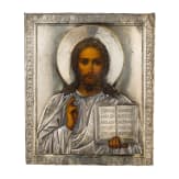 A Russian icon showing Christ Pantokrator with silver oklad, circa 1900 (icon), Moscow, E. A. Kuznetsov, 1908 - 1916 (oklad)